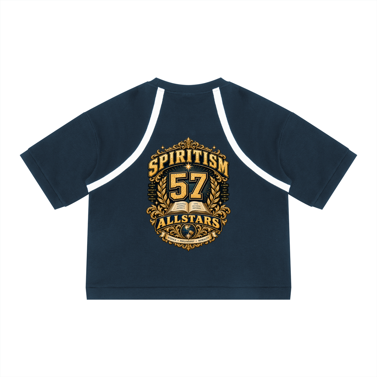 Spiritism Allstars - Unisex Color Block Waffle Boxy T-Shirt — navy and white, back artwork view