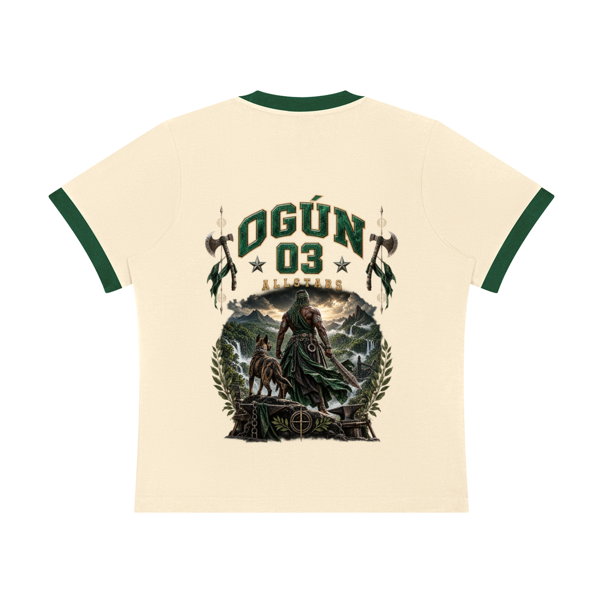 Ogun Allstars - Women's Sorona Ringer T-Shirt — cream with green trim, back artwork view