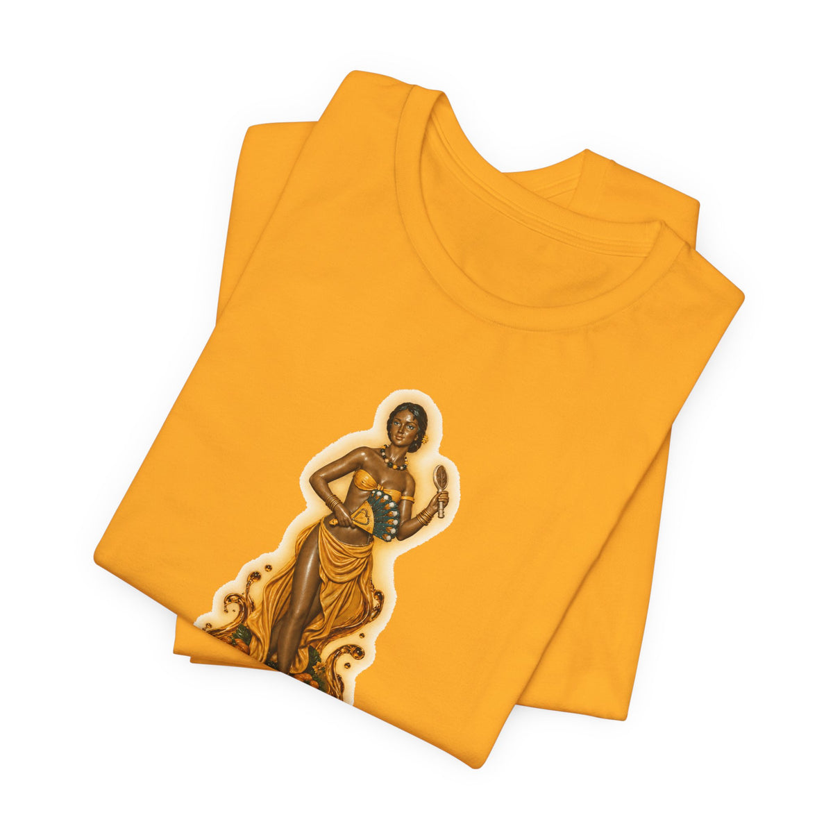 Oshún Golden Blessing Statue T-Shirt — yellow, folded front artwork detail