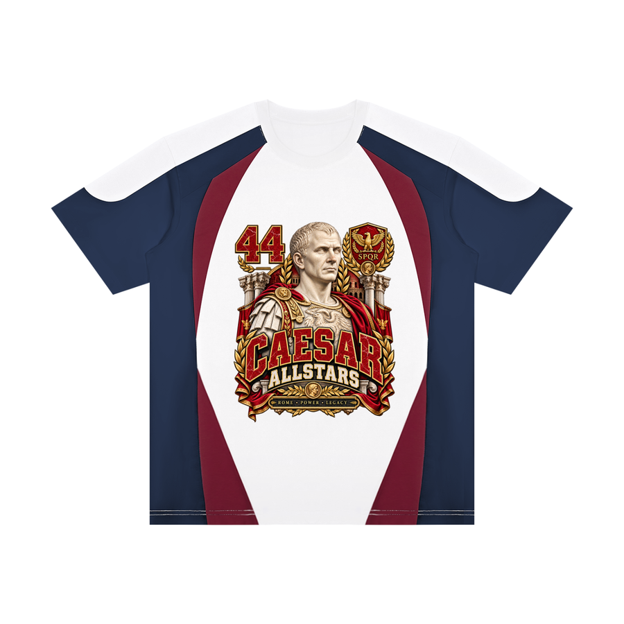 Caesar Allstars - Unisex Raglan Color Block T-Shirt — navy, white and burgundy, front artwork view