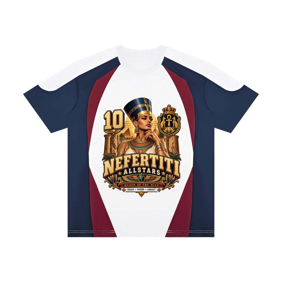Nefertiti Allstars - Unisex Raglan Color Block T-Shirt — navy, white and burgundy, front artwork view