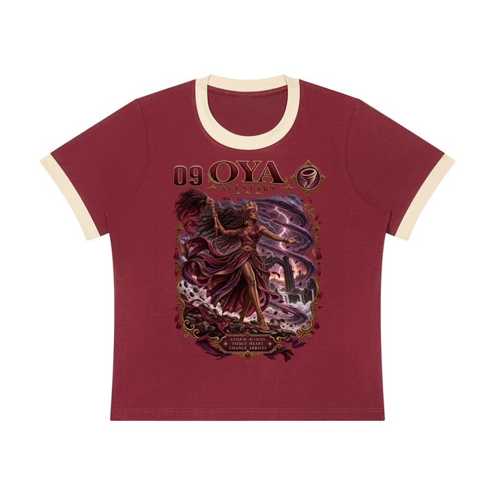 Oya Allstars - Women's Sorona Ringer T-Shirt — burgundy and cream, front artwork view