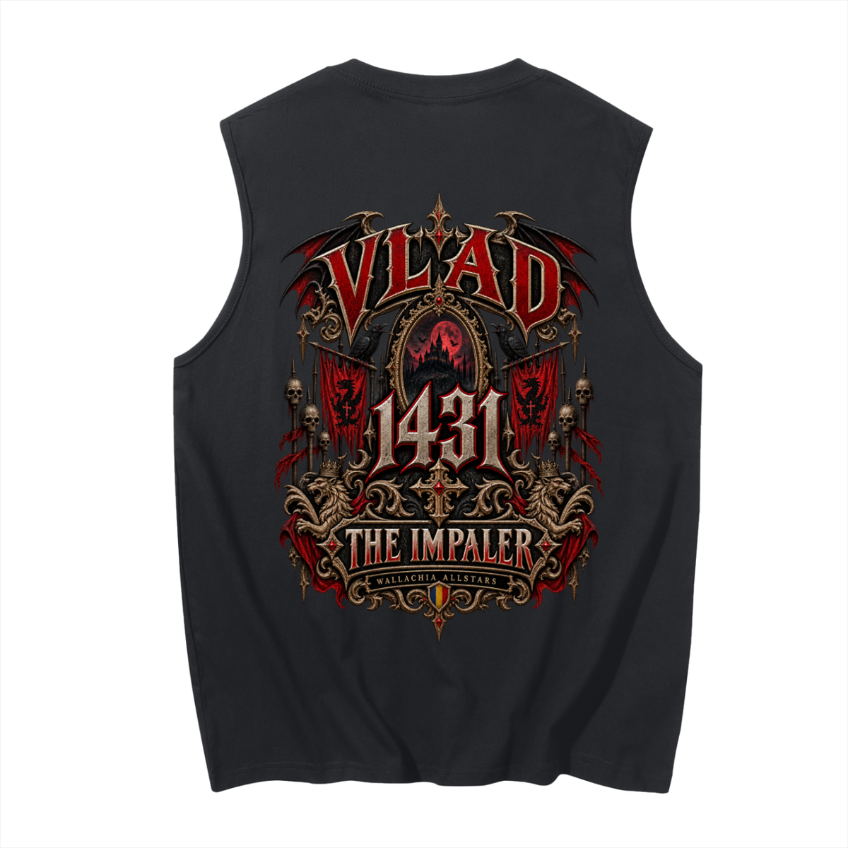 Vlad the Impaler Allstars - Men's Sleeveless Cotton Tank Top — black, back artwork view