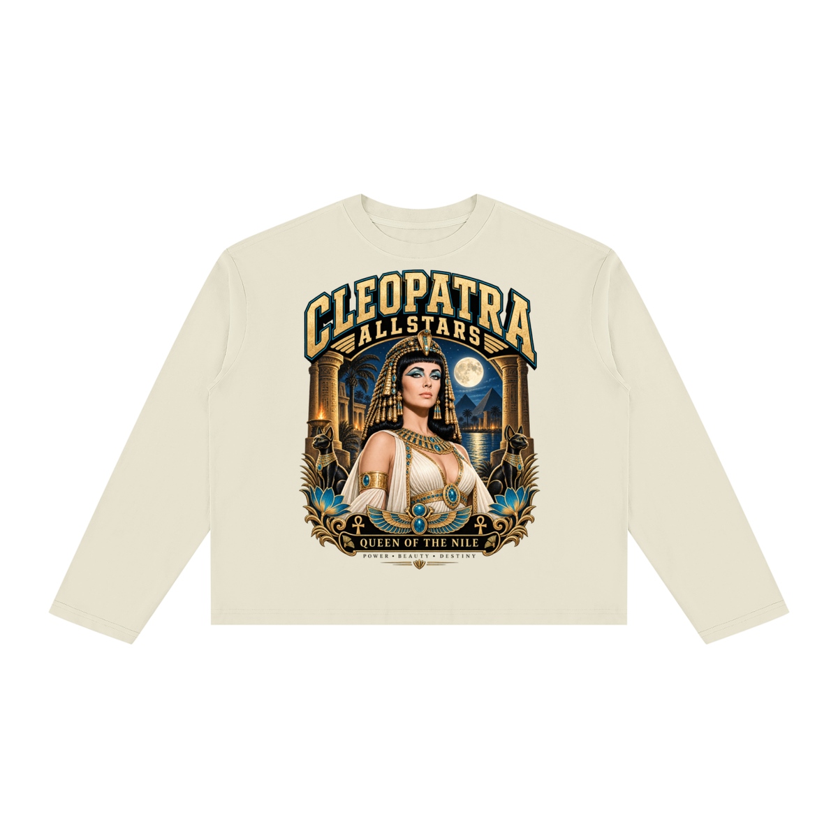 Cleopatra Allstars - Unisex Vintage Wash Long Sleeve Boxy T-Shirt — cream, front artwork view