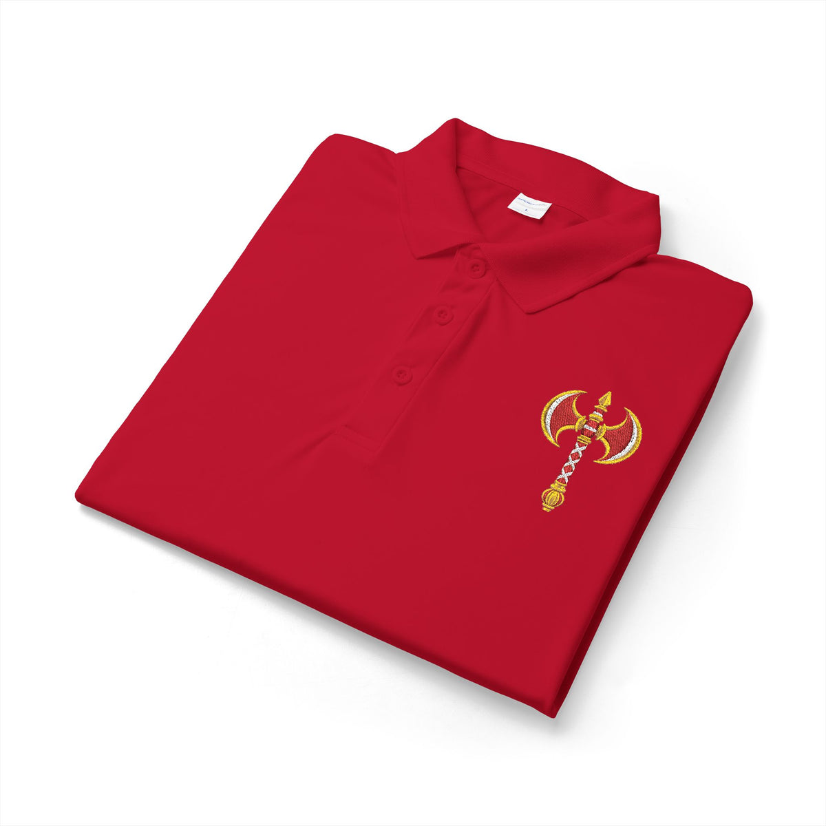 Changó Double Axe True Red Embroidered Signature Polo product mockup view 2