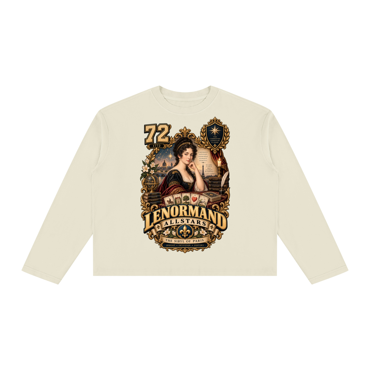 Lenormand Allstars - Unisex Vintage Wash Long Sleeve Boxy T-Shirt — cream, front artwork view