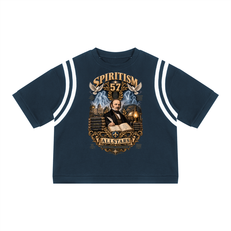 Spiritism Allstars - Unisex Color Block Waffle Boxy T-Shirt — navy and white, front artwork view