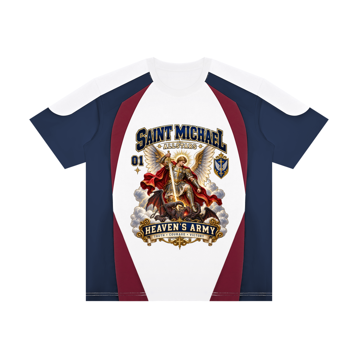 Saint Michael Allstars - Unisex Raglan Color Block T-Shirt — navy, white and burgundy, front artwork view