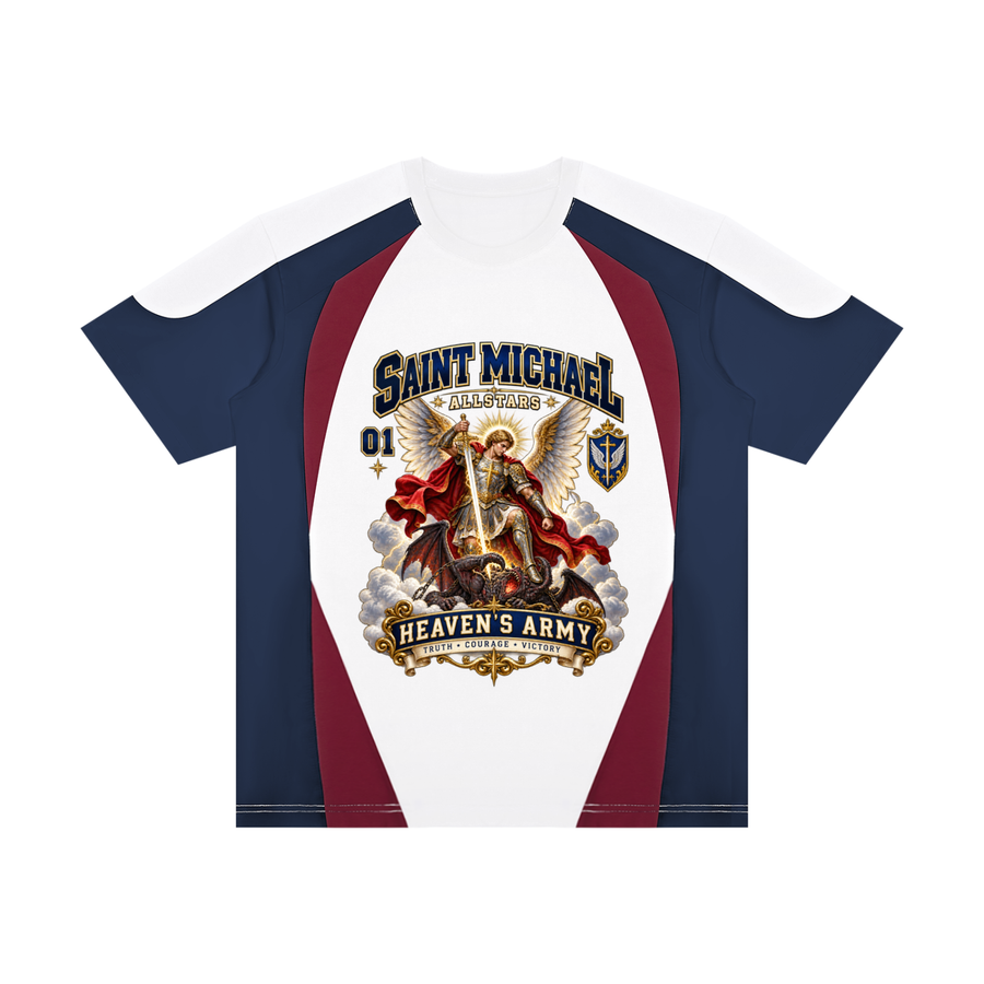Saint Michael Allstars - Unisex Raglan Color Block T-Shirt — navy, white and burgundy, front artwork view