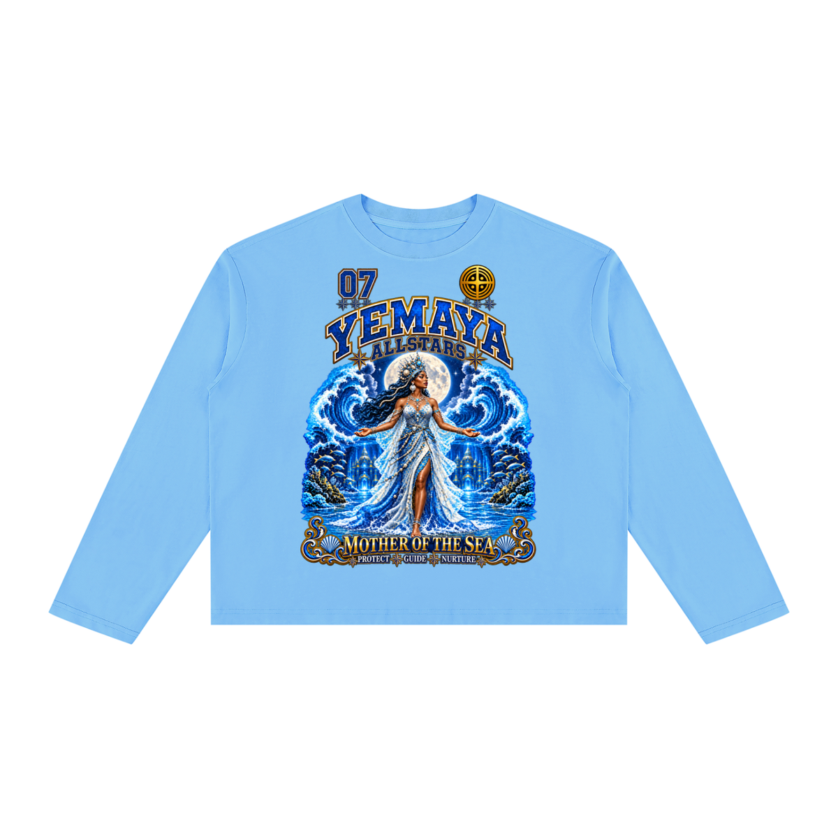 Yemaya Allstars - Unisex Vintage Wash Long Sleeve Boxy T-Shirt — blue, front artwork view