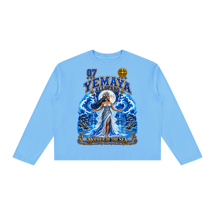 Yemaya Allstars - Unisex Vintage Wash Long Sleeve Boxy T-Shirt — blue, front artwork view