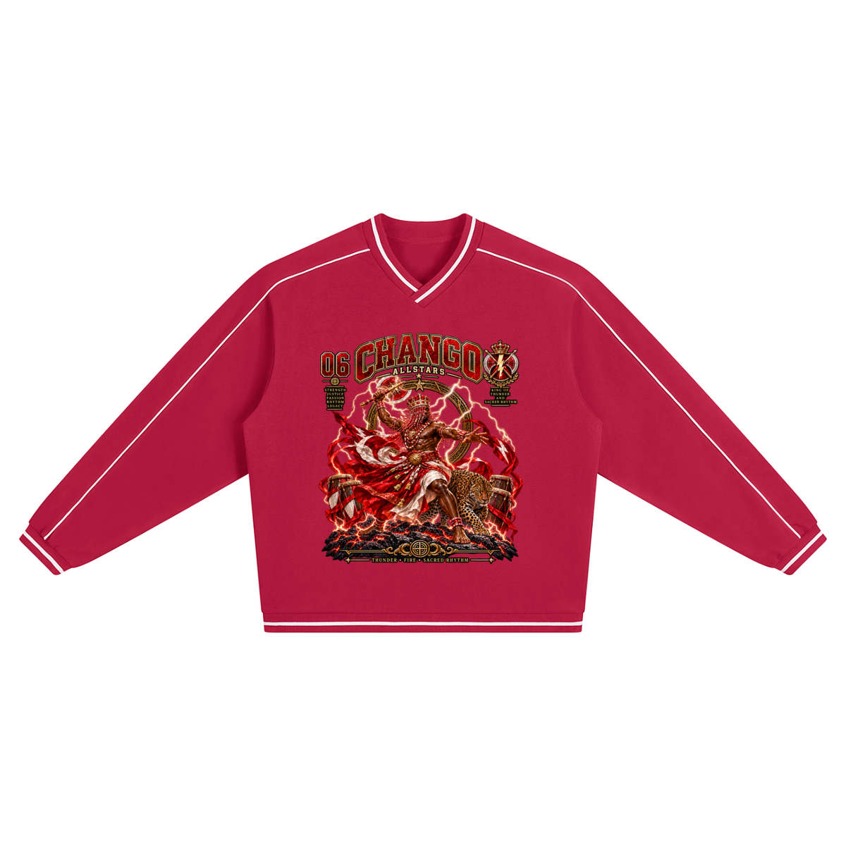 Chango Allstars - Unisex Color Block V-Neck Sweatshirt — red and white, front artwork view
