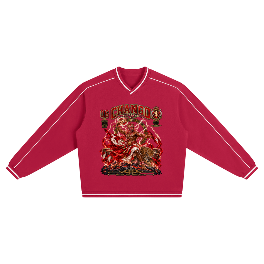 Chango Allstars - Unisex Color Block V-Neck Sweatshirt — red and white, front artwork view
