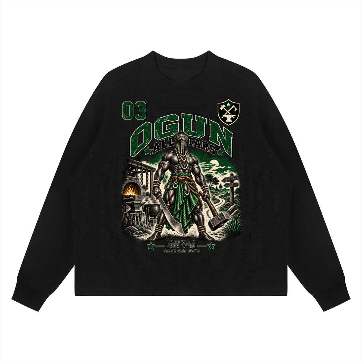 Ogun Allstars 03 Waffle Boxy Long Sleeve Shirt | Orisha Iron Warrior Graphic Tee