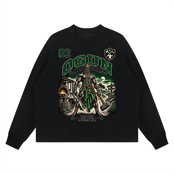 Ogun Allstars 03 Waffle Boxy Long Sleeve Shirt | Orisha Iron Warrior Graphic Tee