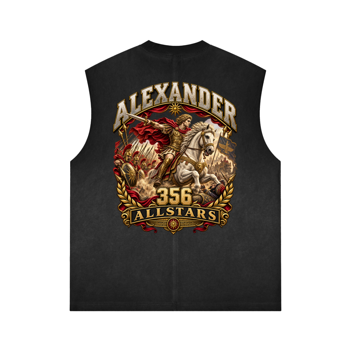 Alexander the Great Allstars - Reverse Washed Tank Top — black, back artwork view