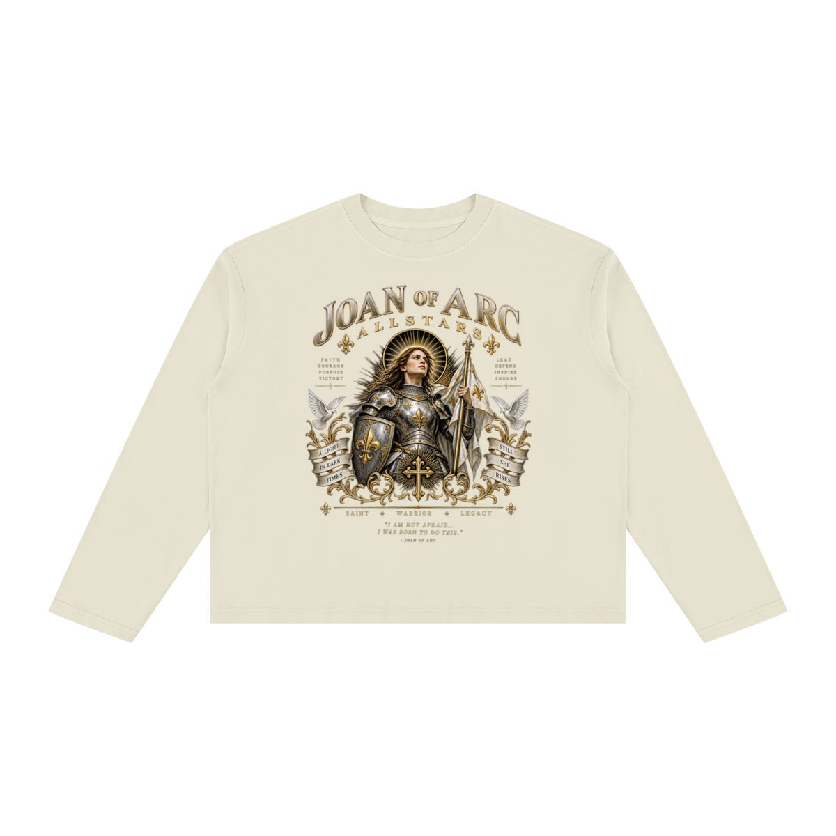 Joan of Arc Allstars - Unisex Vintage Wash Long Sleeve Boxy T-Shirt — cream, front artwork view