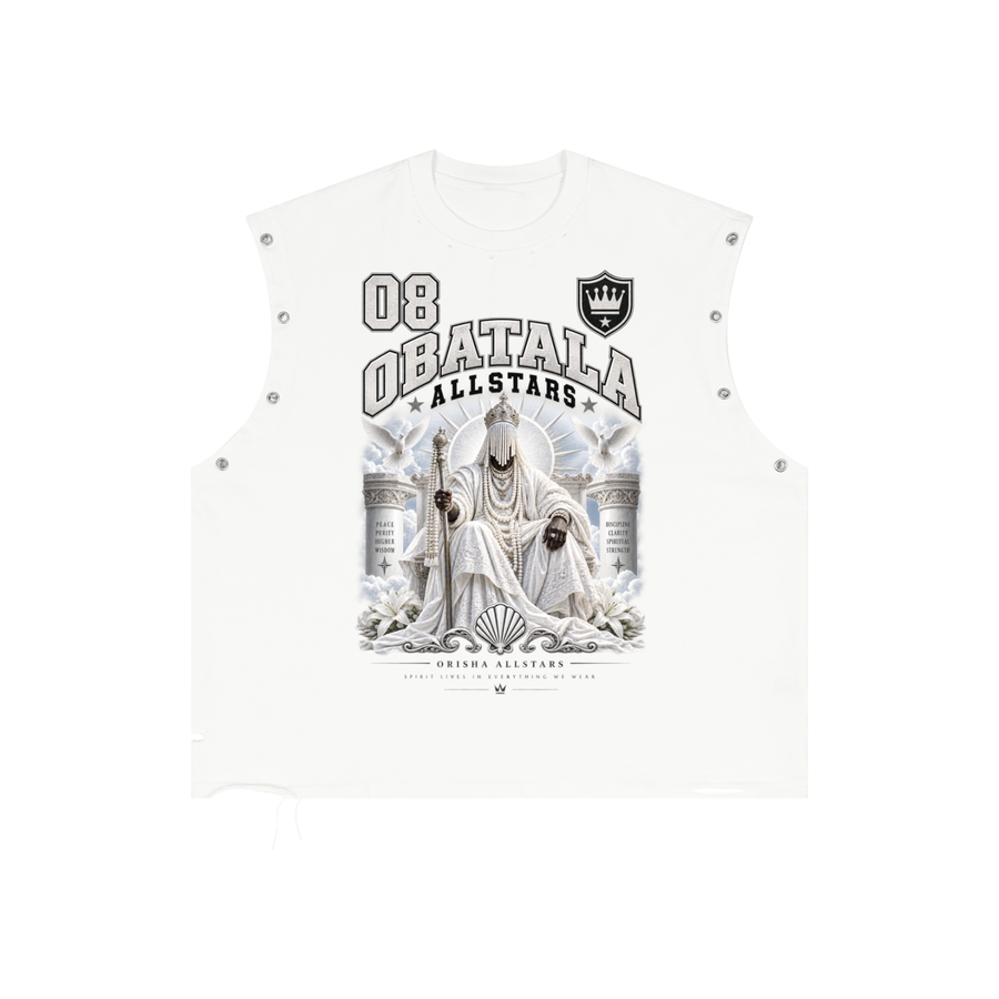 Obatala Allstars - Distressed Grommet Eyelet Tank Top — white, front artwork view