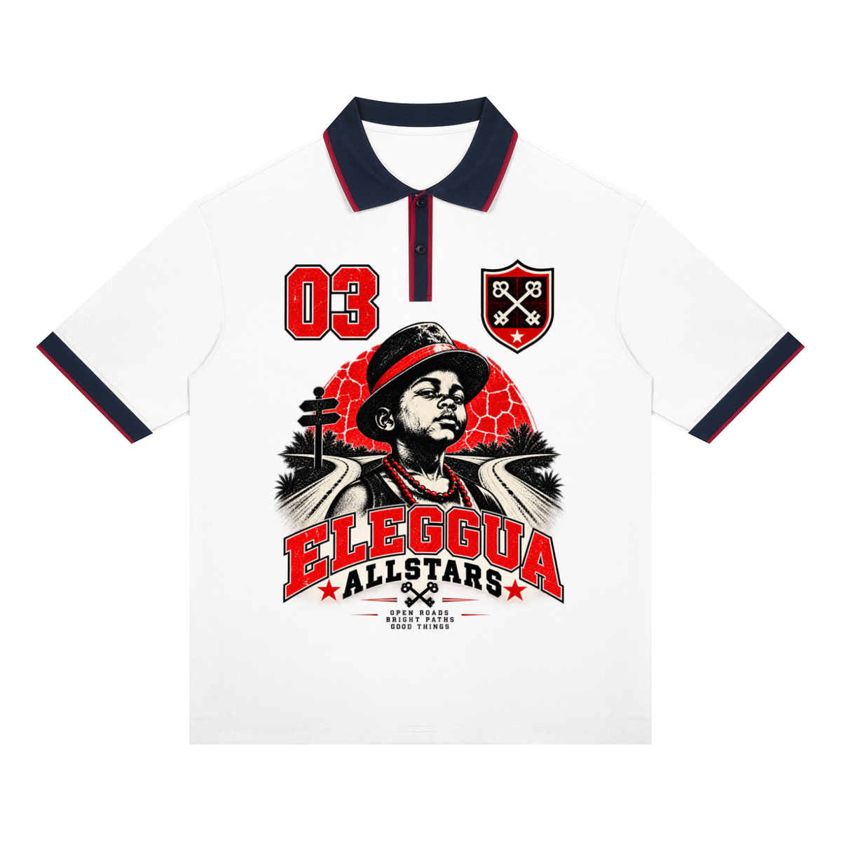 Eleggua Allstars - Unisex Color Block Polo Shirt — white, navy and red, front artwork view