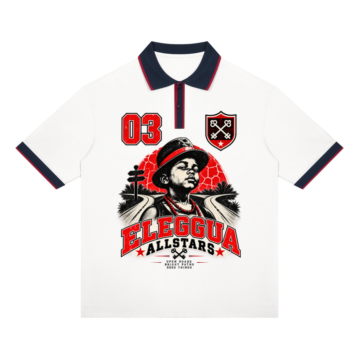 Eleggua Allstars - Unisex Color Block Polo Shirt — white, navy and red, front artwork view