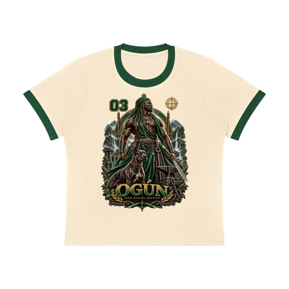 Ogun Allstars - Women's Sorona Ringer T-Shirt — cream with green trim, front artwork view
