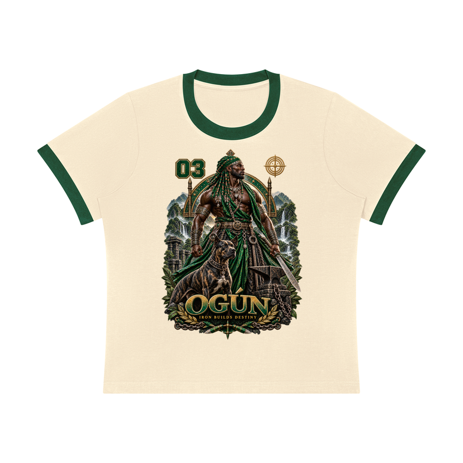 Ogun Allstars - Women's Sorona Ringer T-Shirt — cream with green trim, front artwork view
