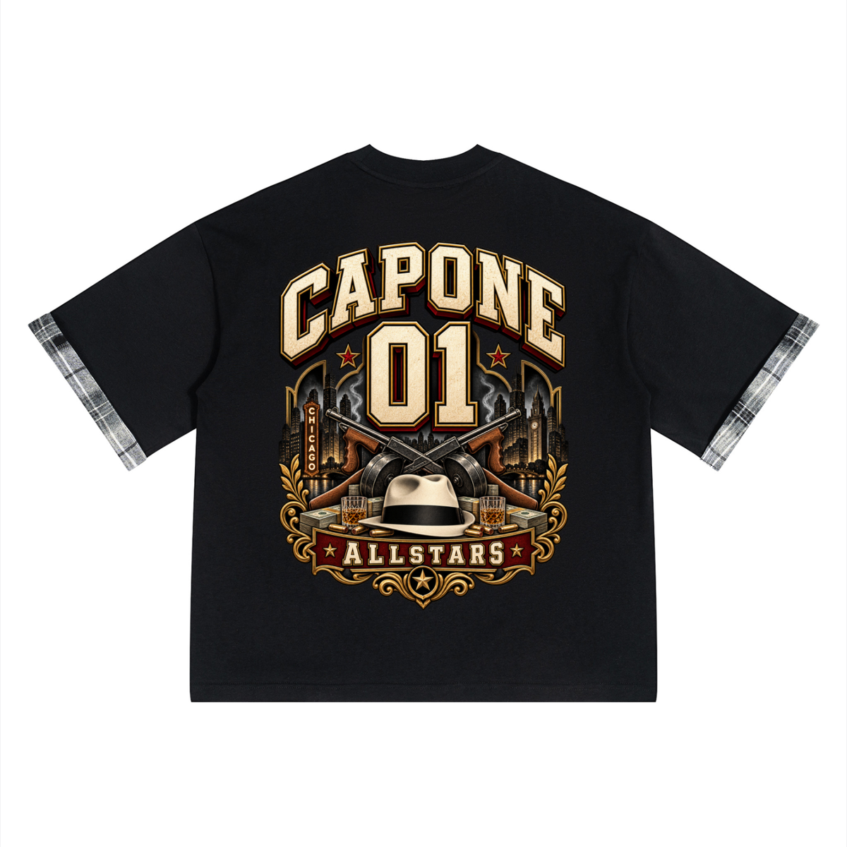 Capone Allstars - Unisex Plaid Paneled T-Shirt — black plaid, back artwork view