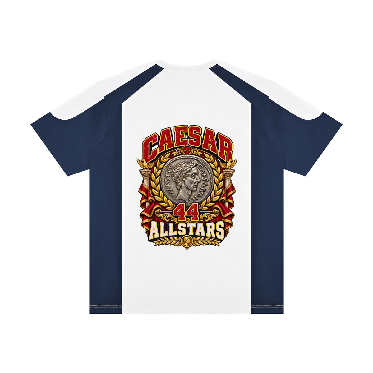 Caesar Allstars - Unisex Raglan Color Block T-Shirt — navy, white and burgundy, back artwork view