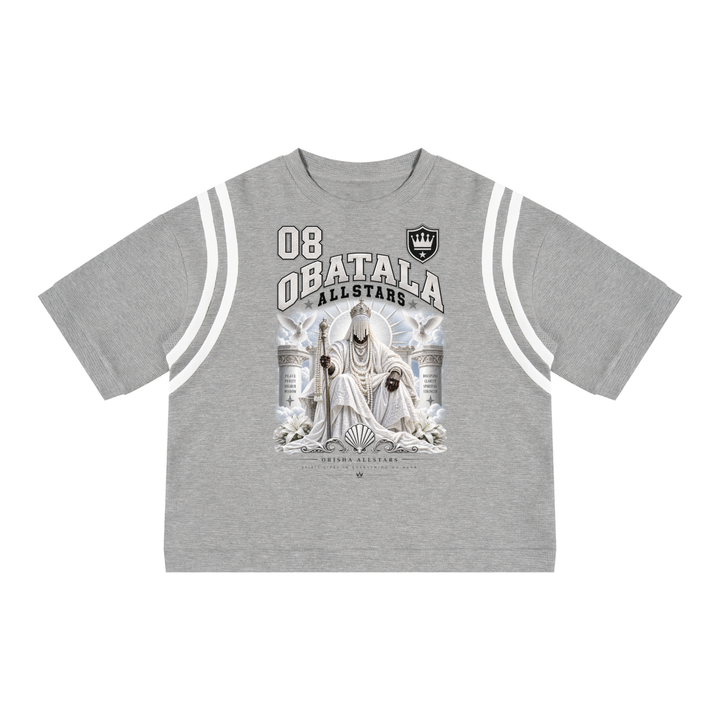 Obatala Allstars - Unisex Color Block Waffle Boxy T-Shirt — gray and white, front artwork view
