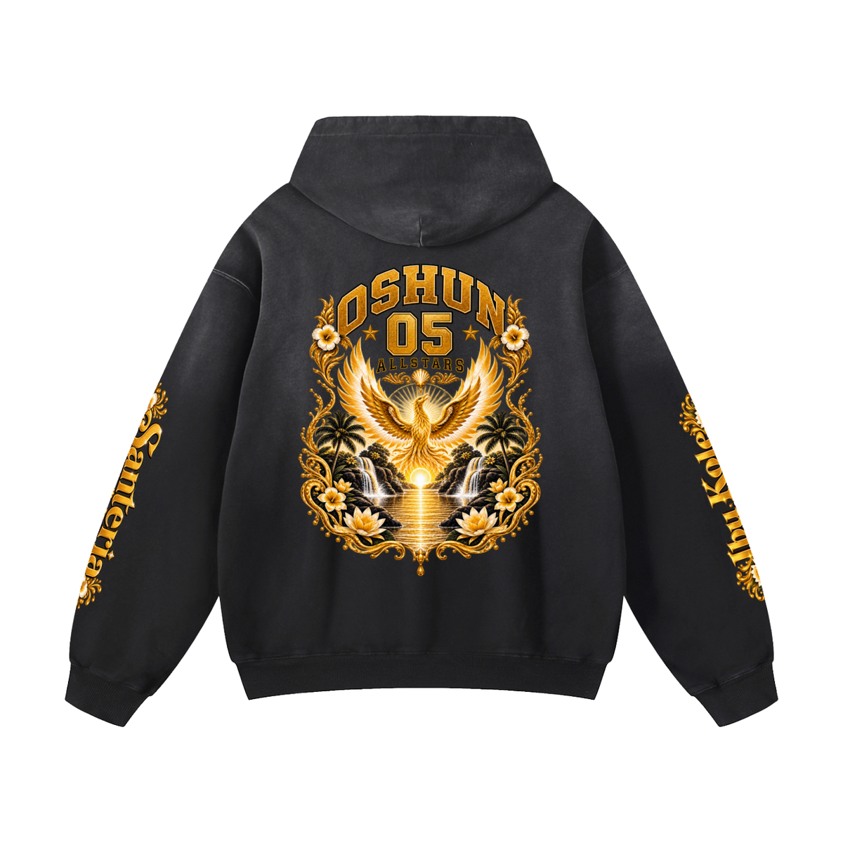 Oshun Allstars - Heavyweight Sunfade Oversized Hoodie — black, back artwork view
