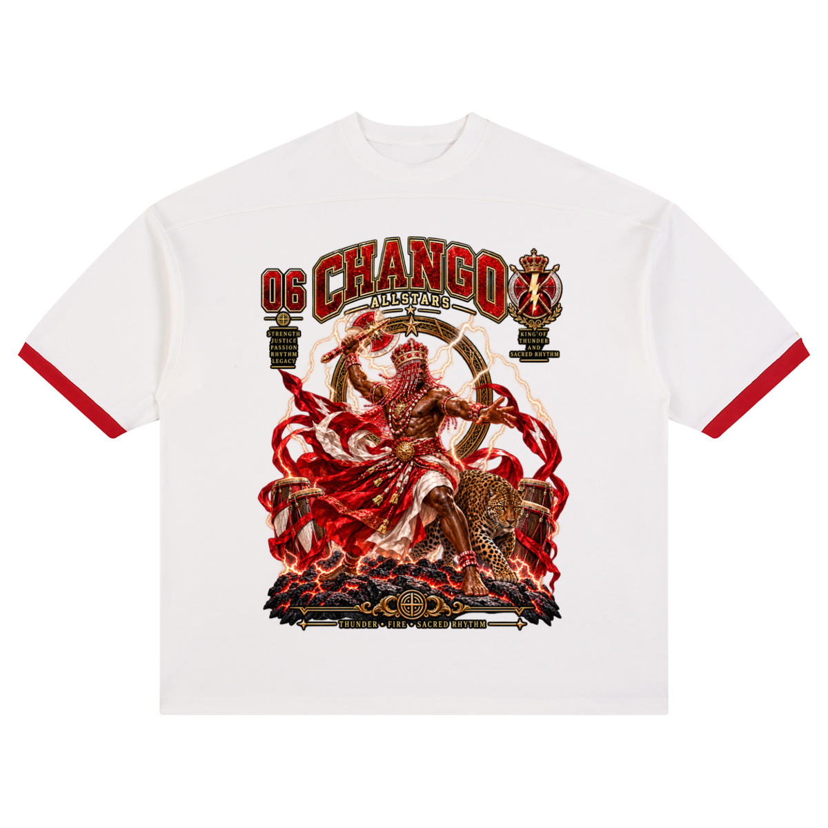 Chango Allstars II - Unisex Color Block Drop Shoulder T-Shirt — white and red, front artwork view